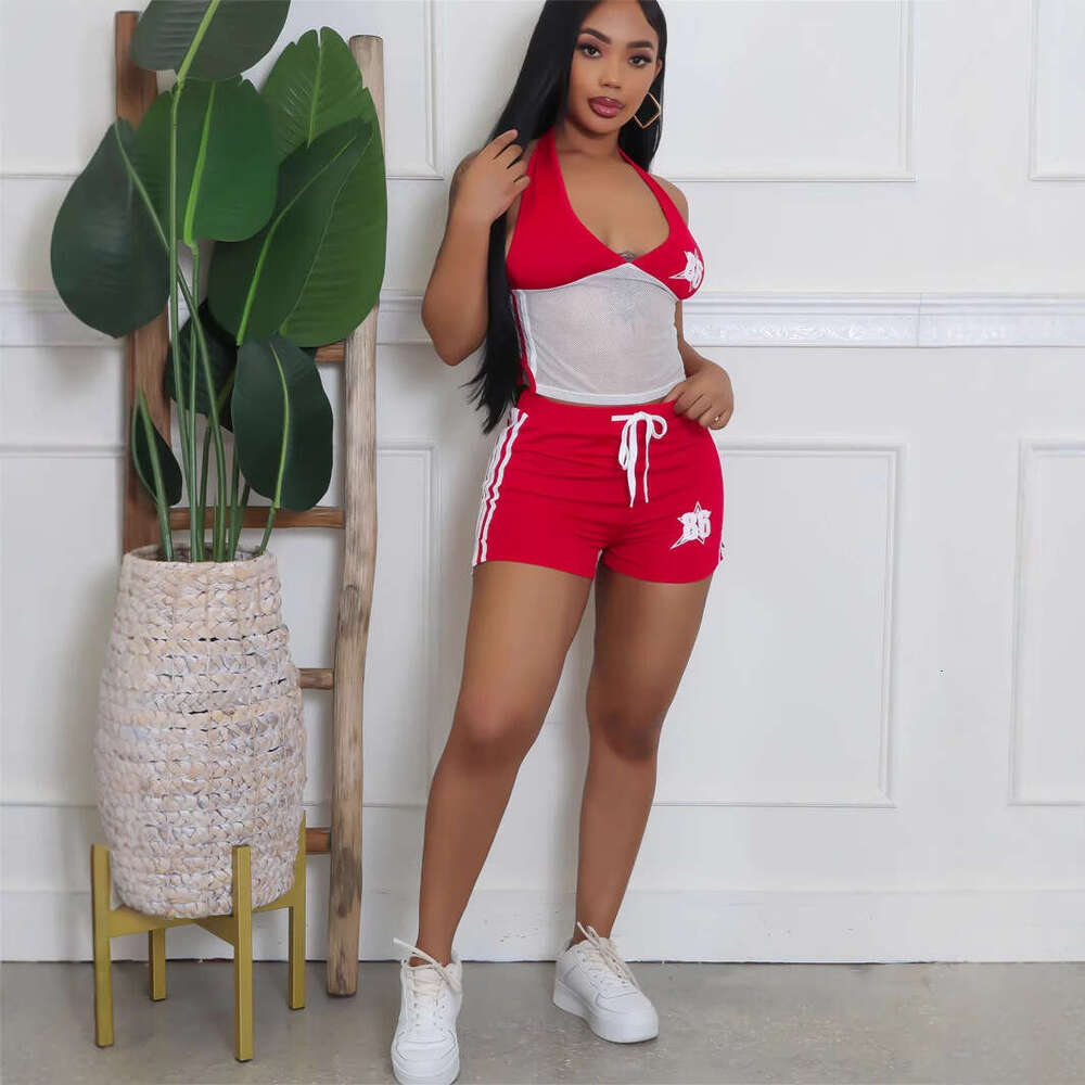Summer New Women's Sexy Hot Girl Printed Backless Halter Neck See-Through Hollow Out Tube Top Shorts Set B5