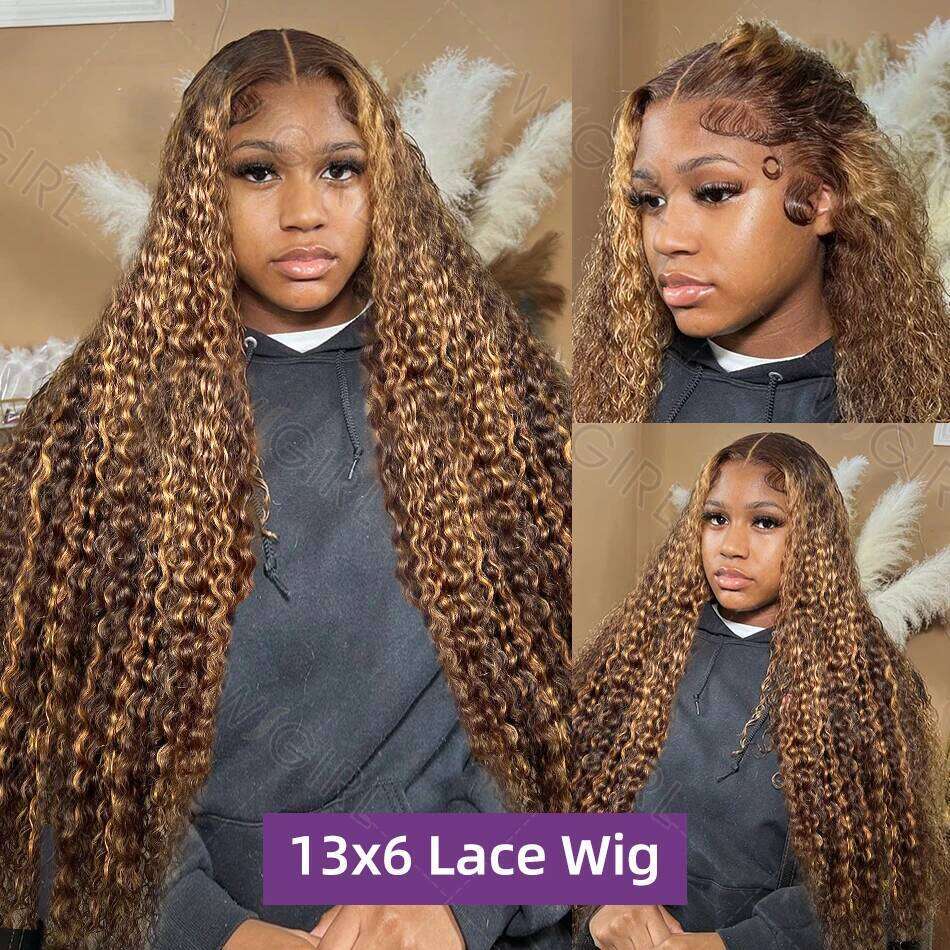 200% 30 32 Inch Highlight Ombre 13x6 Curly Lace Human Hair Honey Blonde Colored HD Deep Wave Frontal Wigs For Women