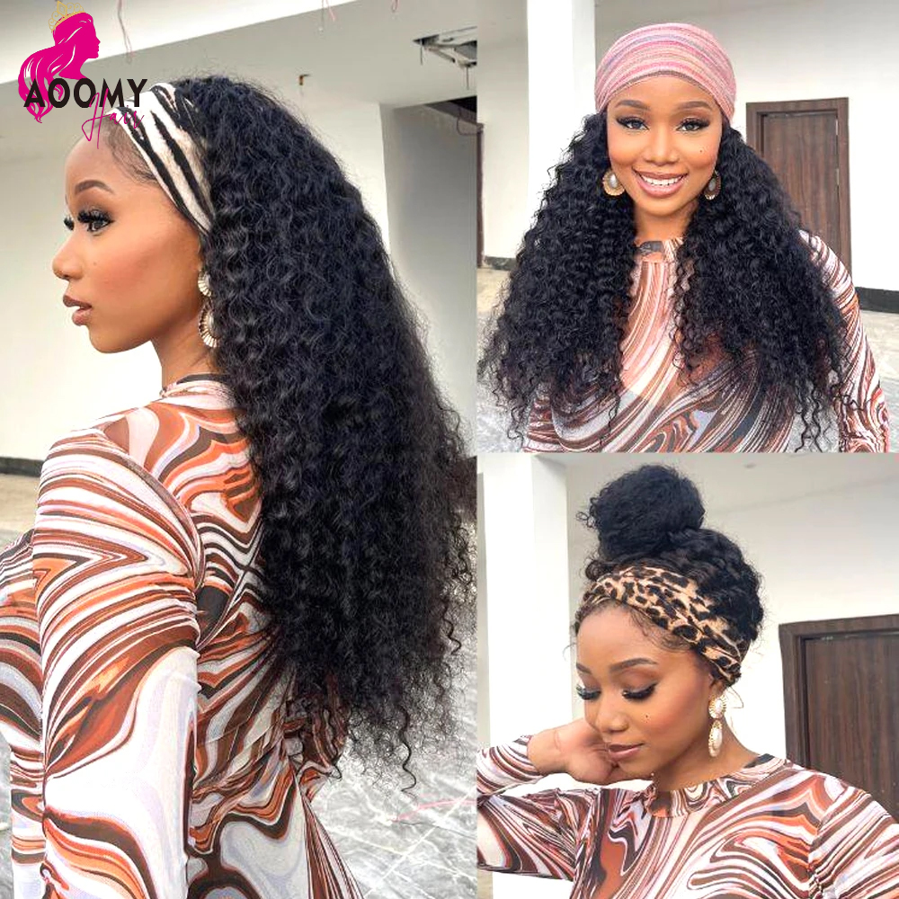 Deep Wave Headband Wig Human Hair Full Machine Made 250% Density Deep Curly Glueless Wig 100% Human Hair For Black Women Easy to Go