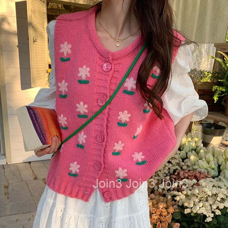 V-neck Womens Sweater Kawaii Knit Tops for Woman Vest Cute Pink Graphic Winter Button Jersey Cashmere Aesthetic Long Sleeve