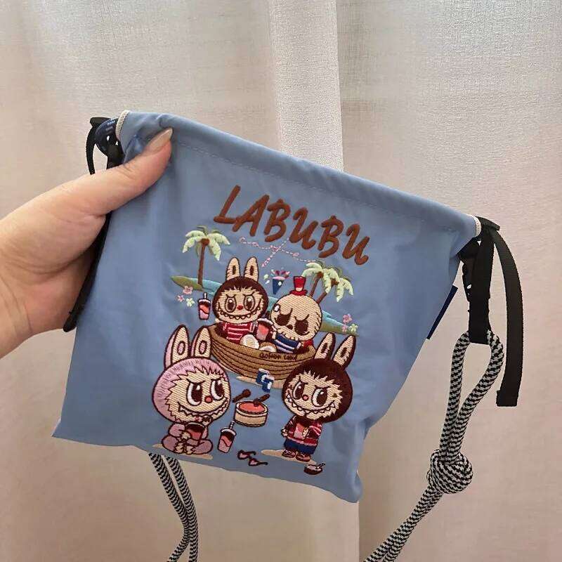 Mini Embroidered Canvas Labubu Zipper Single Shoulder Crossbody Bag Womens Portable Lightweight Mobile Phone Coin Wallet