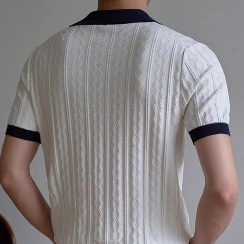 Summer Casual Mens Knitting Tops Vintage Slim Short Sleeve Polo Neck Shirts Men Daily Leisure Contrast Color Patchwork Polo 250618