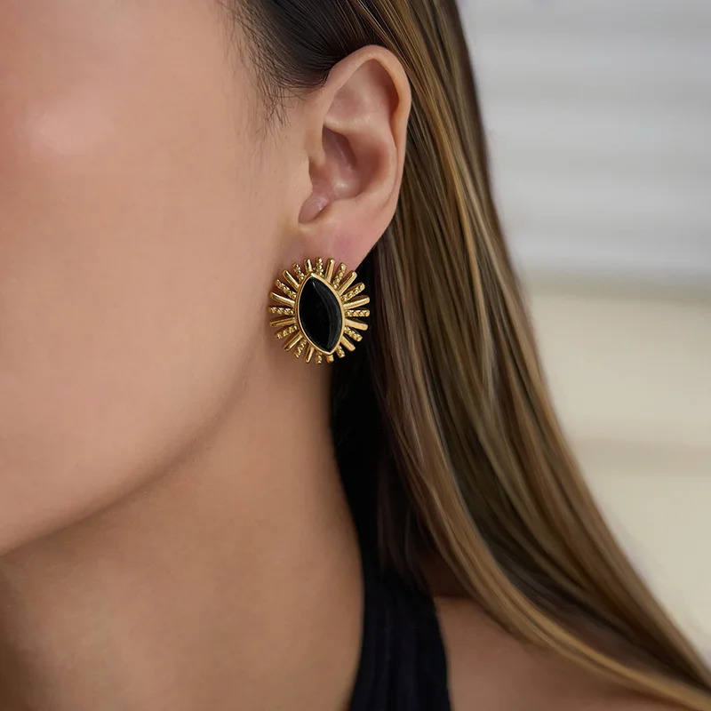 Black stone agate eye stud earrings stainless steel earrings for women elegant statement vintage jewelry non tarnish 250618