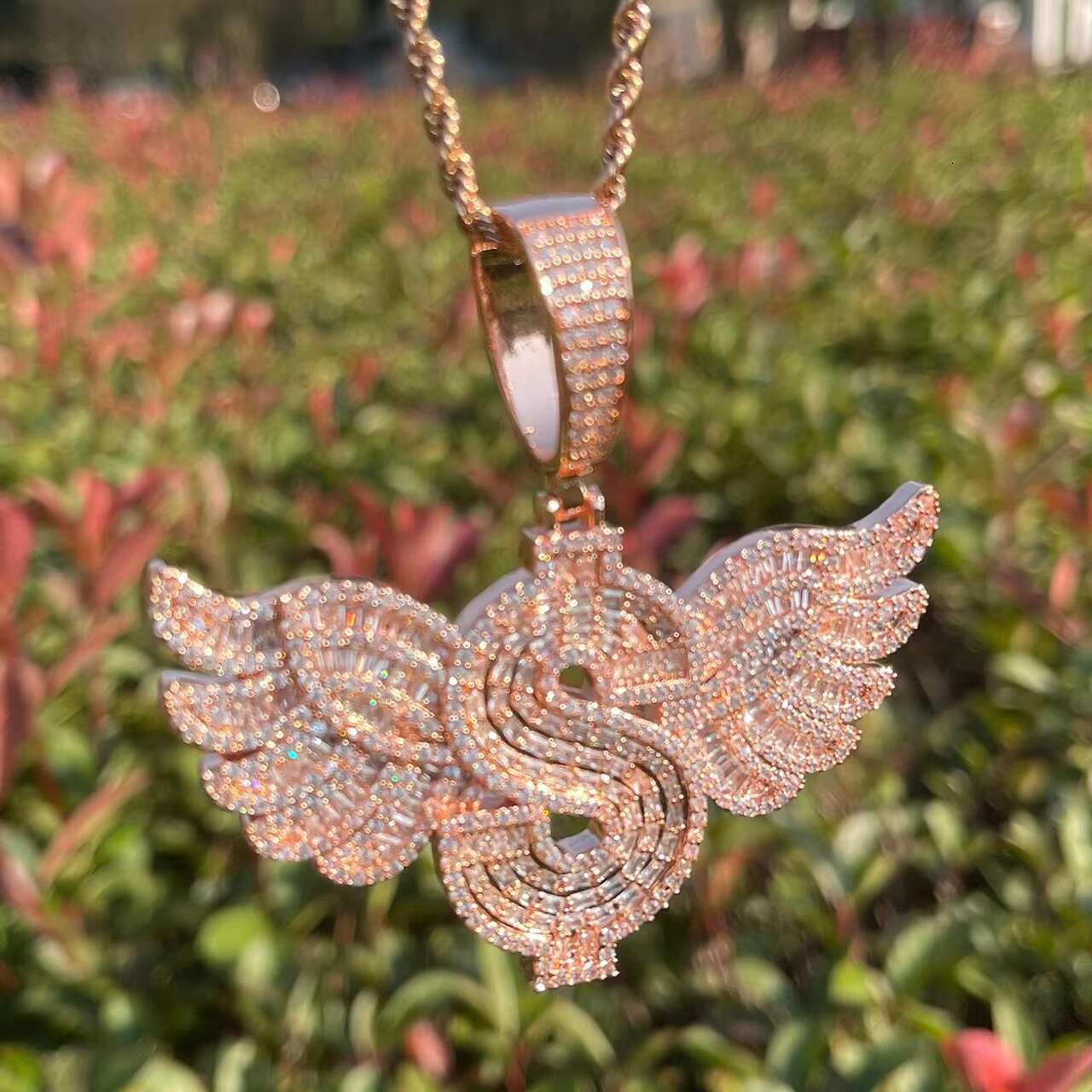 Luxury 925 Silver Wing Dollar Sign Baguette Blinged Pendant Hip Hop Style Moissanite Pendants Charms Chain Necklace Design