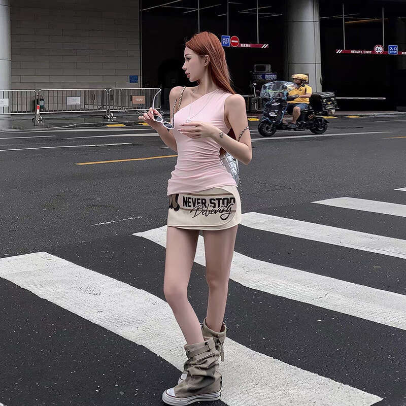 Summer New Women's Solid Color Slim Fit Single Shoulder Sleeveless Top Fashion High Waist Skirt B5