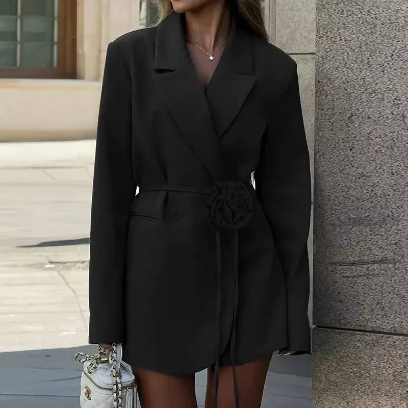 Flower Belt Blazer Coat Women 2025 New Spring Fashion Elegant Loose Pockets Suit Jackets Office Lady Casual Oversized Outerwear