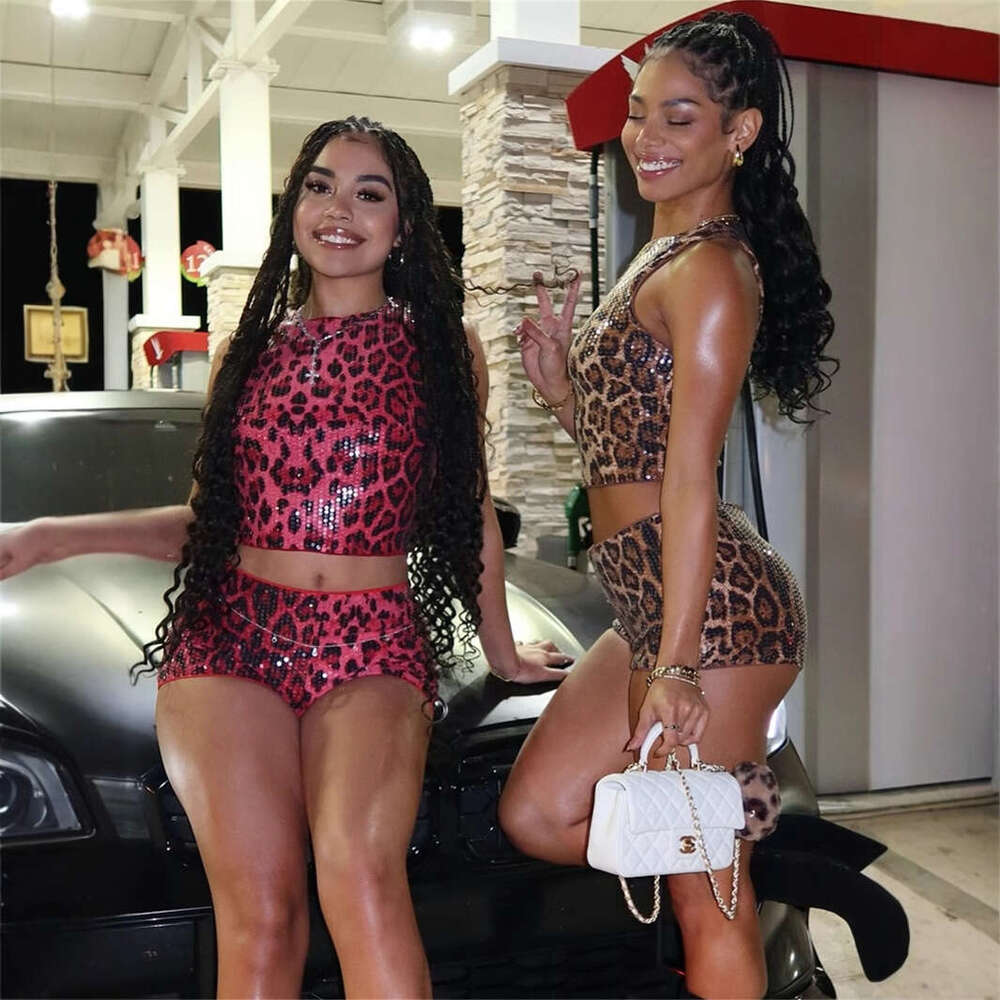 Autumn New Fashion Leopard Print Wild Sexy Slim Fit Short Sleeveless Tank Top And Shorts Set B5