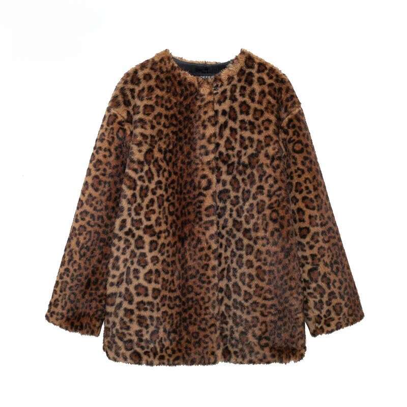 Leopard Print Faux Fur Winter Coat Female Outerwears Plush Jacket Long Sleeve Jackets For Women