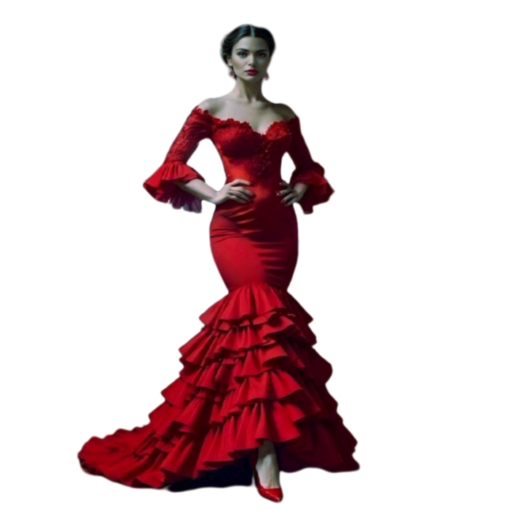 Vintage Tiered Mermaid Flamenco Prom Dresses Off Shoulder Half Flare Sleeves Elegant Special Occasion Dress Customized Sweep Train Evening Wear