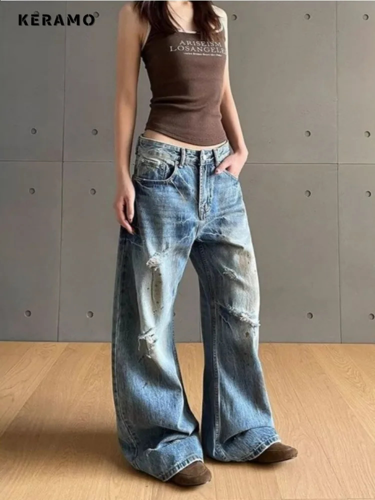 Harajuku Loose Baggy Emo Denim Trouser Womens Casual Damage Retro Full Length Jeans High Waist Y2K 2000s Blue Ripped Pants 250614