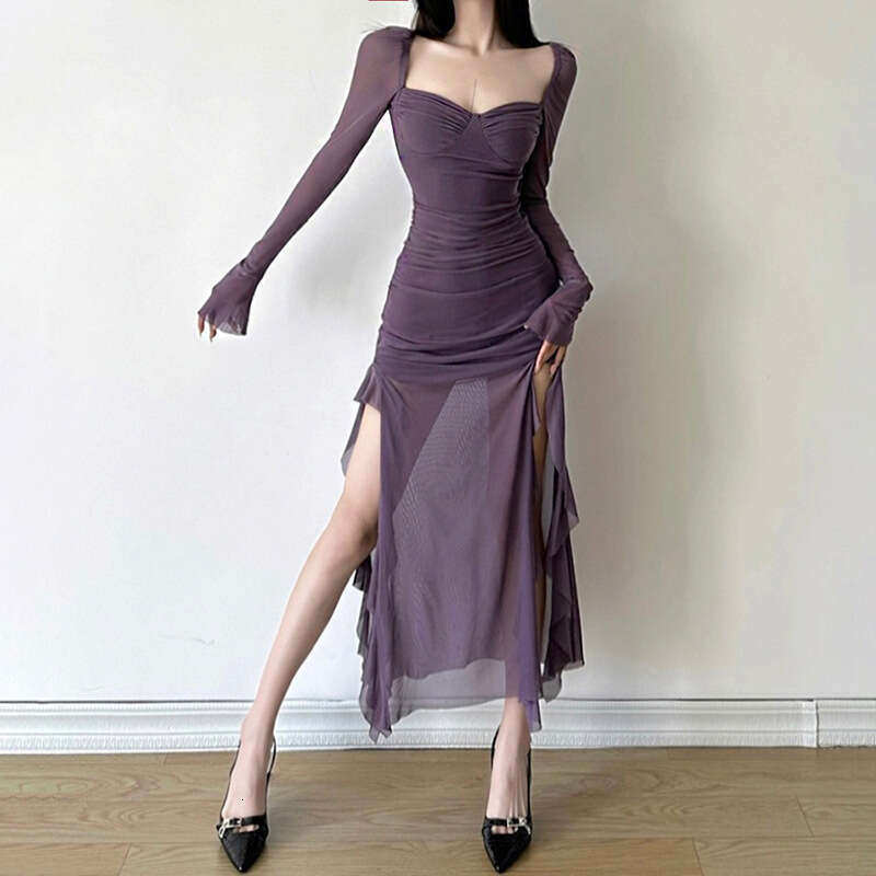 Autumn New Women's Solid Color Slim Fit High Waist Fashion Square Neck Long Sleeve Mesh Dress B5