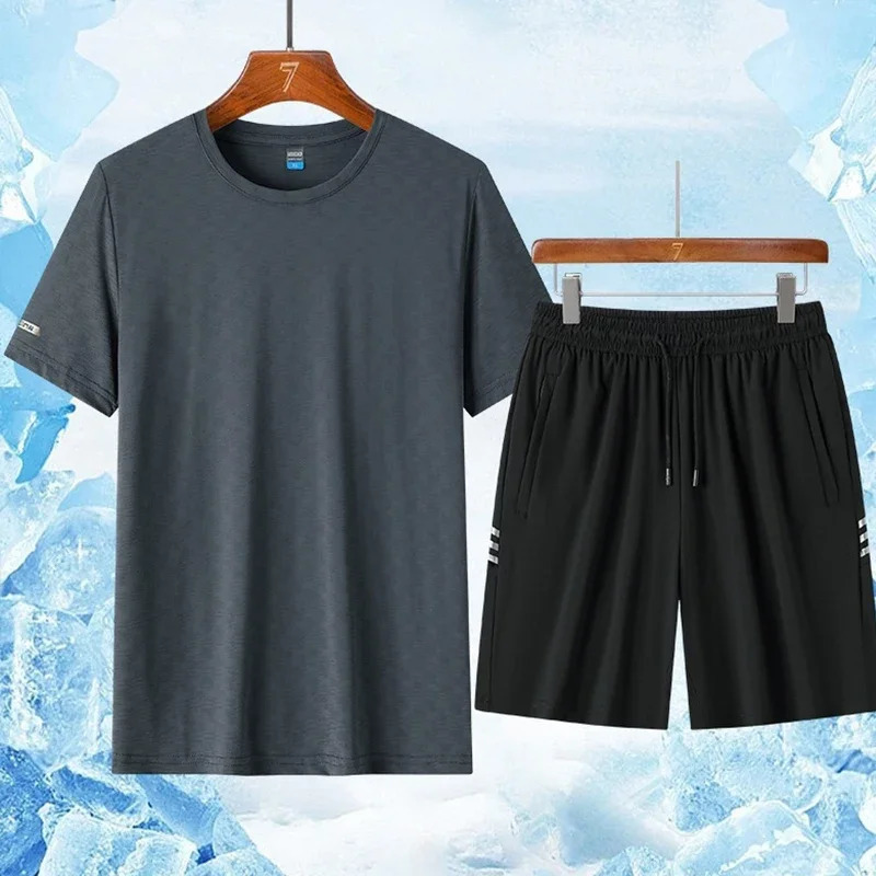 High-quality Ice Silk Breathable Mens Short Sleeve T-shirt With 5-point Shorts Set Comfortable Cool Outdoor Sports Set 250617