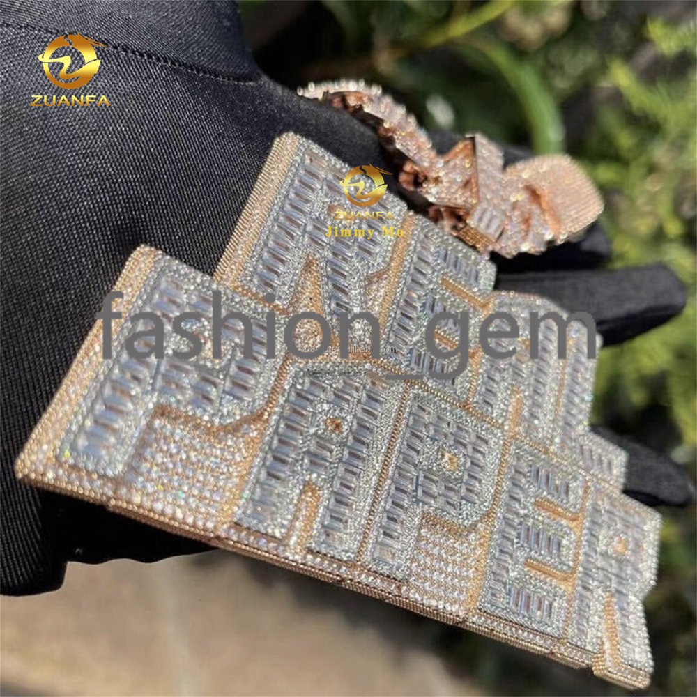 Custom Personalized Big Guy Buss Down Iced Out Initial Letter Baguette Moissanite Diamond Pendant Nameplate Rapper Jewelry S925