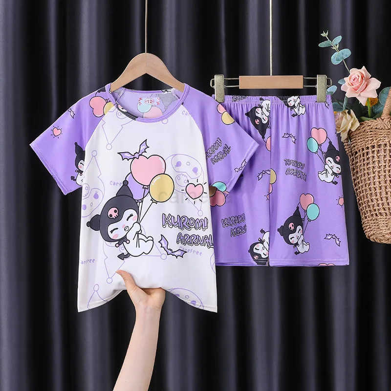 Sanrio Girls Pajamas Summer Short Sleeved Casual Two-piece Set Cartoon Cute Anime Kuromi Cinnamoroll Children Short Sleeved Set XJ250618XJ250618