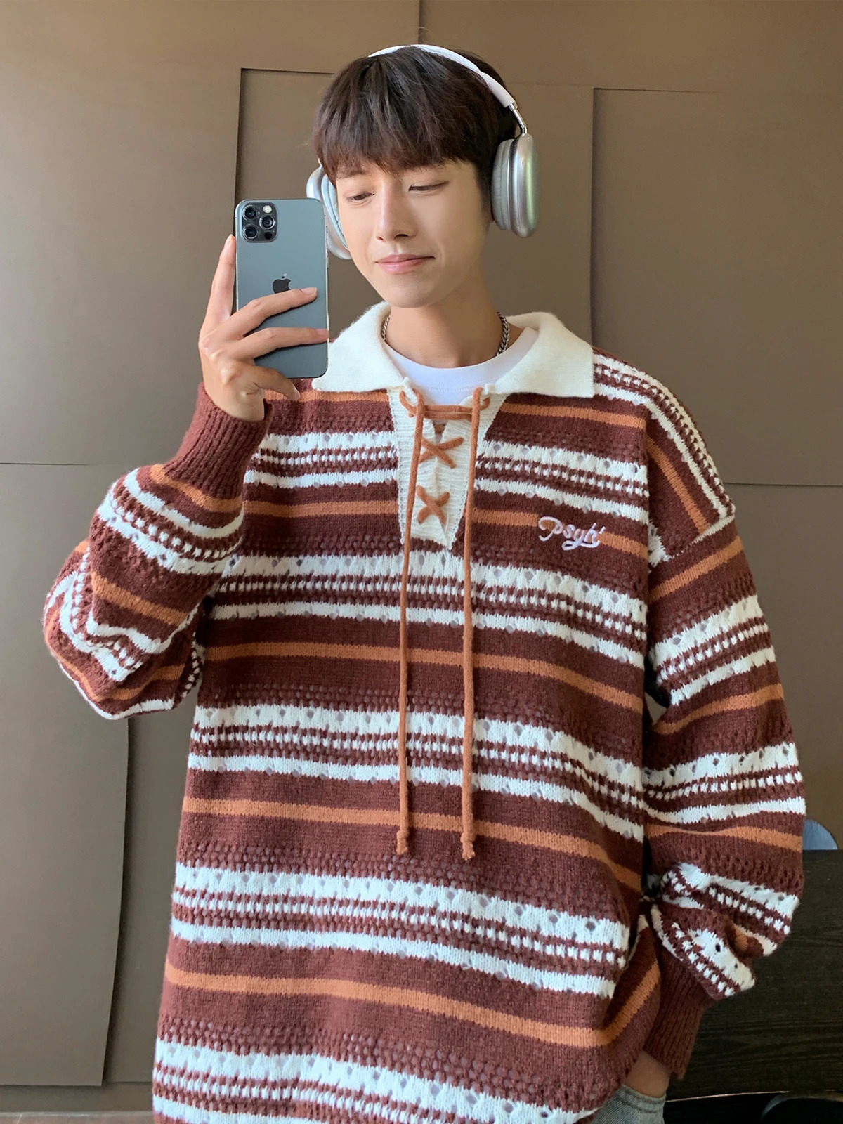 Color Blocked Polo Collar Striped Knit Sweater for Men Spring Autumn Japanese Retro Vintage Loose Fitting Couple Lazy Sweater 250618
