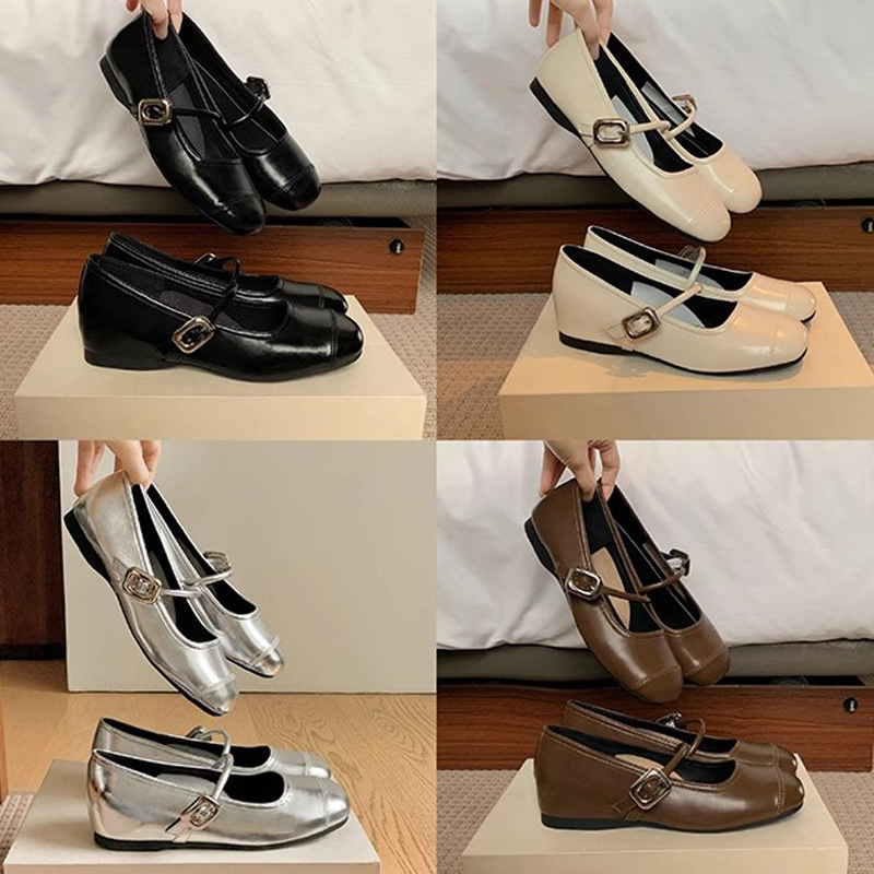 Stylish Fashion Silver Mary Janes for Women Summer New Arrival Round Toe Low Cut Leather Flats Shoes with Hidden Height Soft Cushion Sole Designer