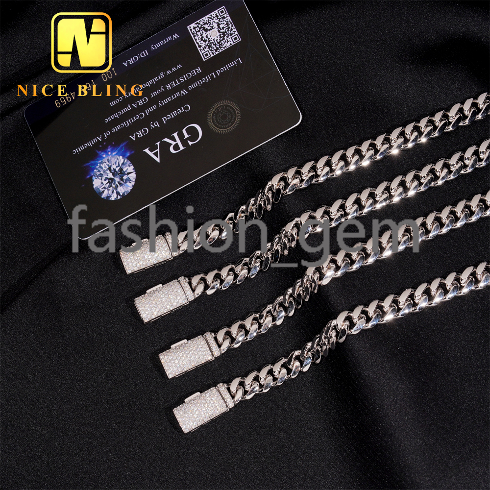 Moissanite Clasp Pain Miami Cuban Links 8MM Iced Out Diamond Lock 925 Silver Cuban Chain Necklace Bracelet