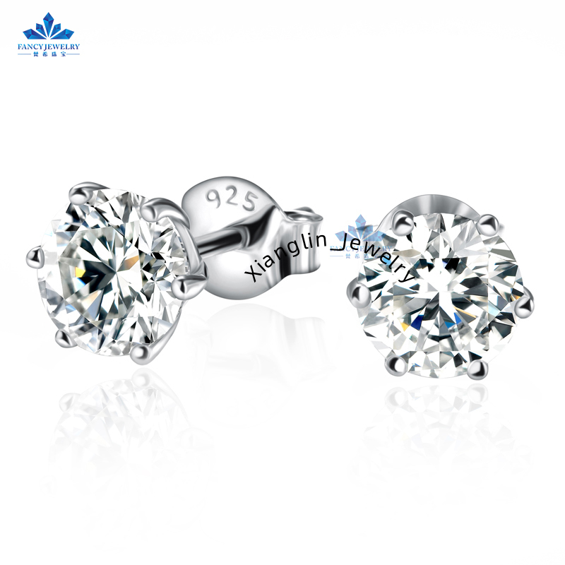 Hot Sale 6 Claws 925 Sterling Silver Round 1ct 6.5mm DEF VVS Color Moissanite Diamond Earrings Jewelry Women