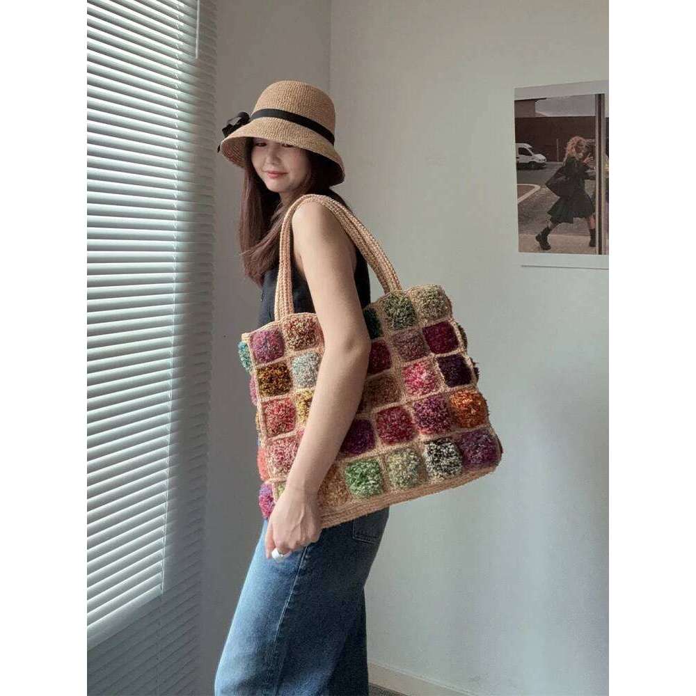 Bohemian Lafite Square Staw Handbags Casual Paper Woven Handle Women Hand Bags Handmade Summe Beach Bag Large Tote Purse