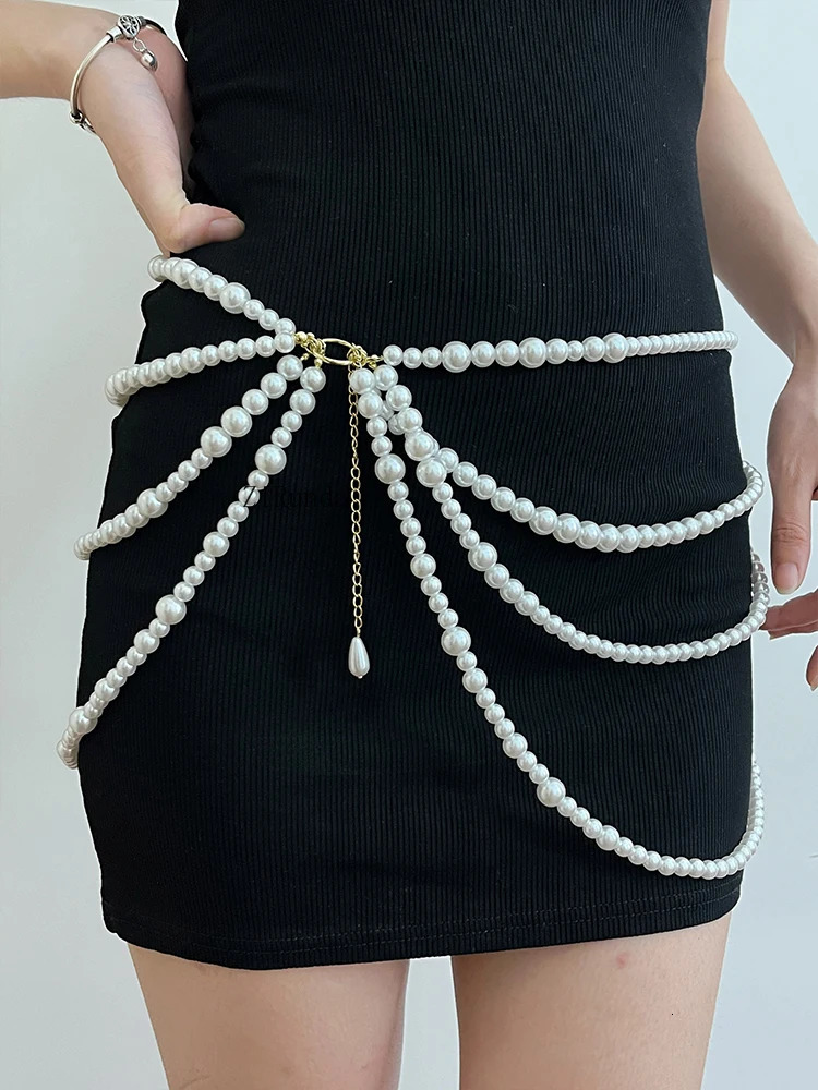 Multi-layer pearl waist chain Versatile retro sweet decorative fringed belt sweater dress accessories 250618