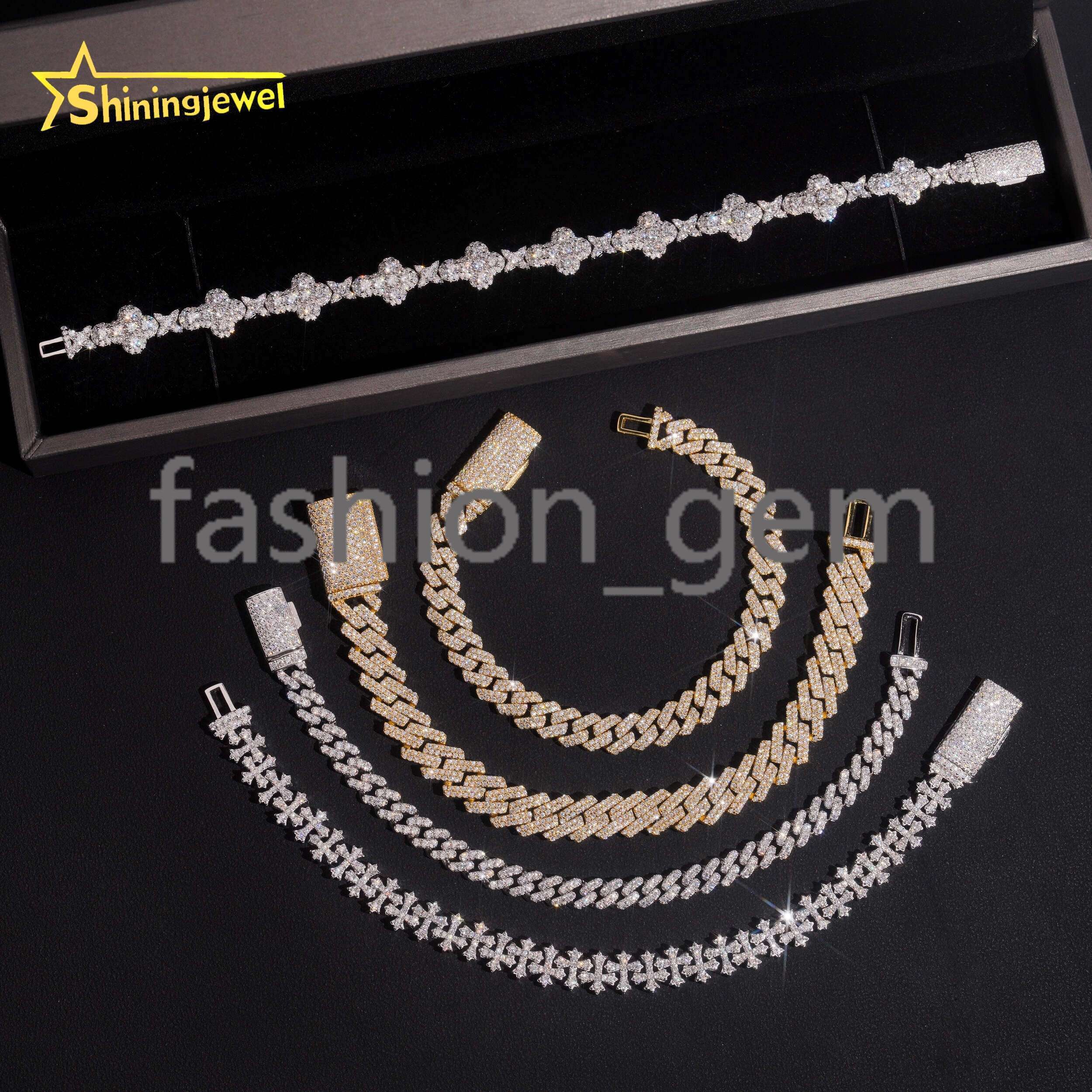Hot Sale Iced Out Cuban Link Bracelet 925 Sterling Silver Gold Plated Pass Diamond Test VVS Moissanite Cuban Bracelet