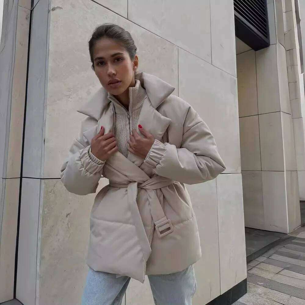 Winter Thick Stand Collar Parkas Fashion Tie Waist Coats Women Elegant Solid Short Padded Jackets Female Ladies