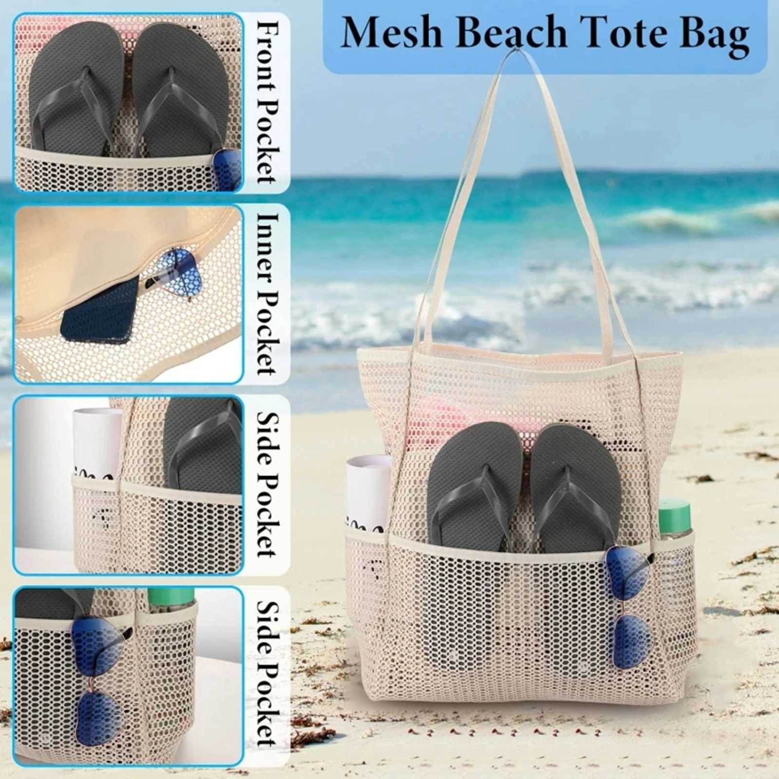 Mesh Beach Bag Mens Shoulder Tote Bag Large Capacity Foldable Mesh Swim Bag with Pocket. B250618