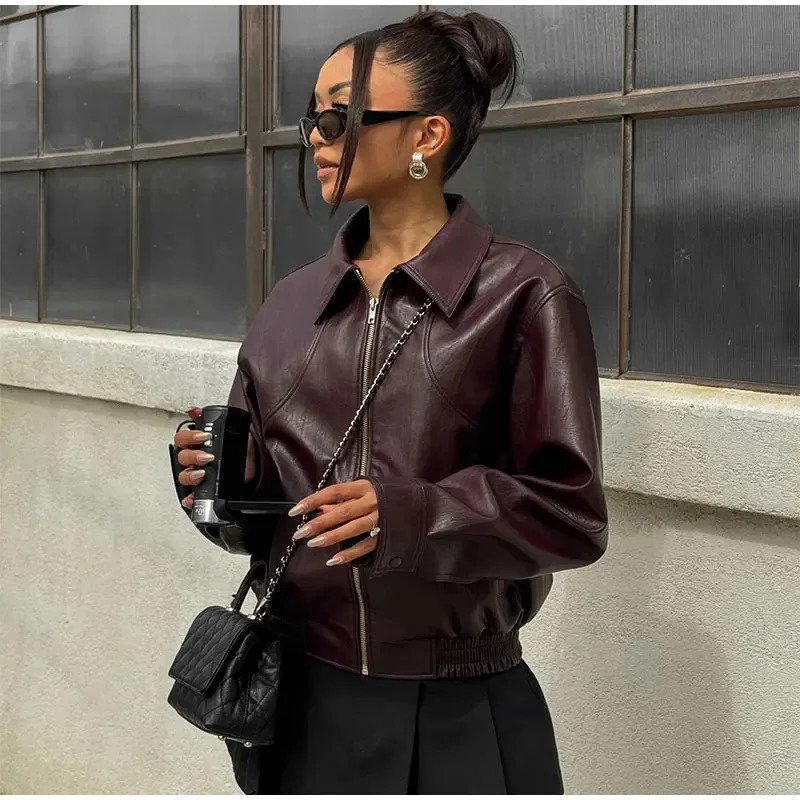 Chic Solid Color Lapel Cropped Leather Jacket Fashion Womens Pockets Long Sleeves Short Coat Lady Autumn High Streetwear 250613