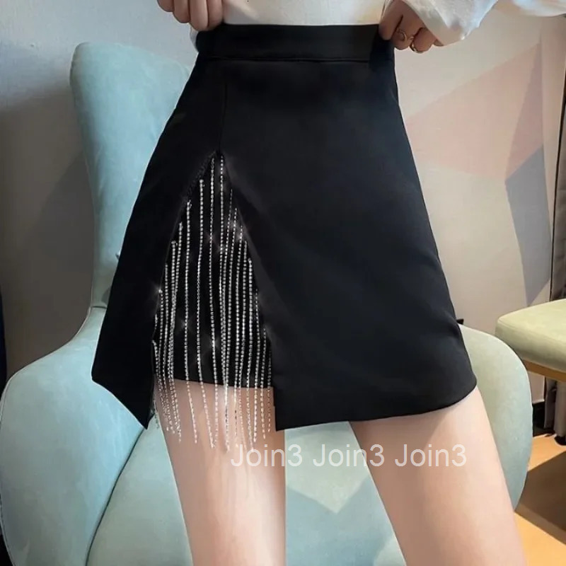Black Short Tight Fringe Woman Skirt Wrap Mini Zipper with Slit A Line Harajuku Clothing Sales V Korean Style Skirts for Women