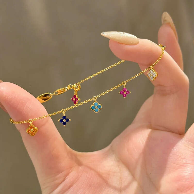 Luxury Jewelry Designer Bracelet S925 Pure Silver Lucky Four Leaf Flower Mini Four Leaf Flower Colorful Bracelet Versatile Summer Style Bracelet
