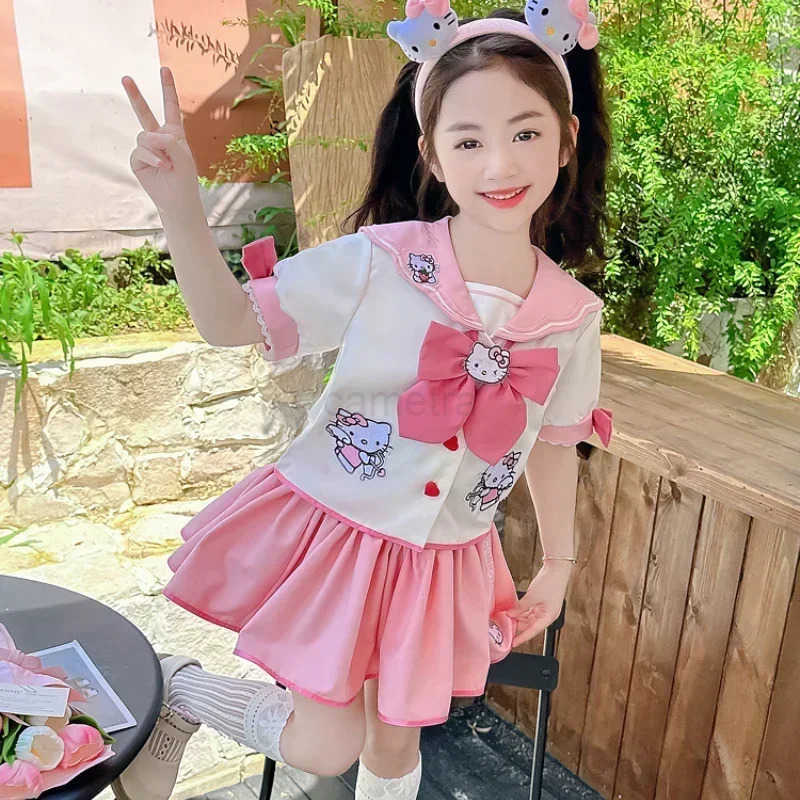 Sanrio Kawaii Sanrio Hello Kitty Children CosPlay Academy Style Pleated Skirt Girl Princess Clothes Childrens JK Uniform Birthday Gift XJ250618