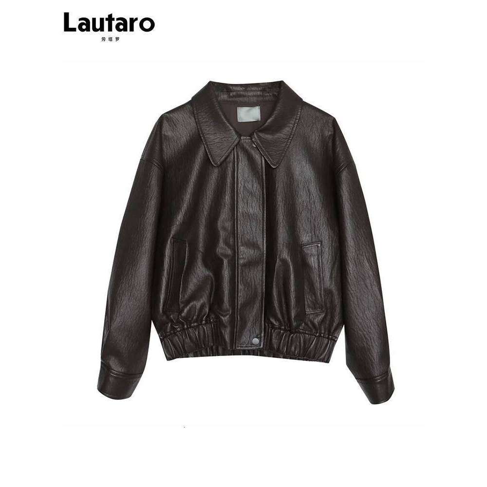 Lautaro Spring Autumn Cool Handsome Short Brown Hard Pu Leather Jacket Women Zipper Long Sleeve Designer Clothes