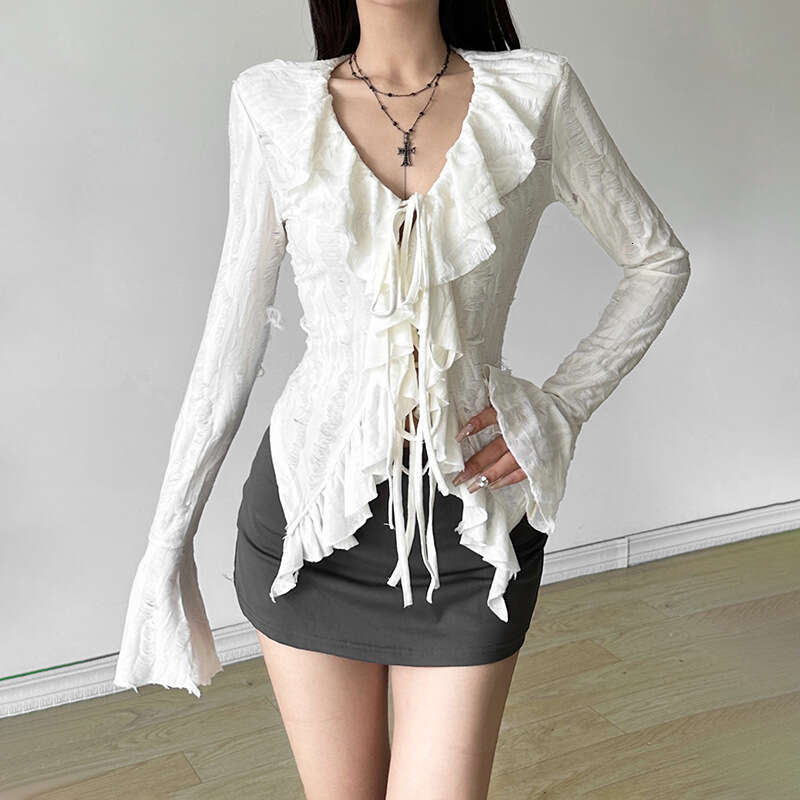 Autumn New Women's Solid Color Sexy Long Sleeve V-Neck Knitted Fringe Jacket B5
