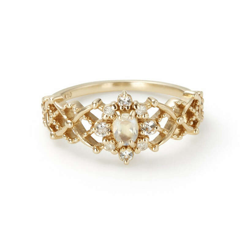 New Christmas Ring First Snow Crystal Moonstone Grid Lace Hollow Gold Plated Niche Design Ins