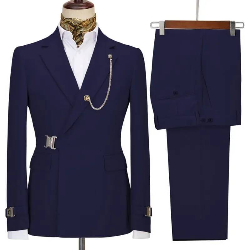 2 Pieces Green Belt Double Breasted Mens Coat Pant Latest Design Wedding Suits Groom Prom Tuxedos Blazer Set