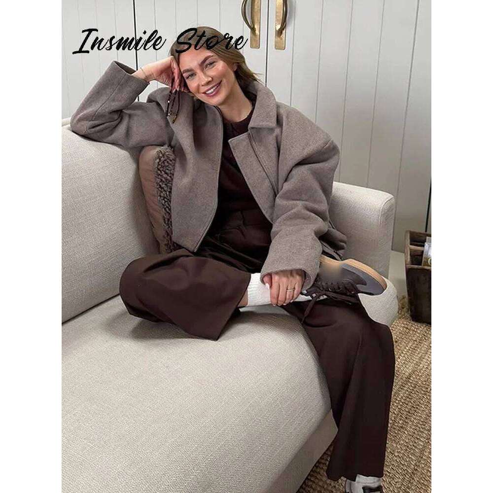 Vintage Khaki Women Short Coat Lapel Long Sleeve Zipped Pleated Loose Female Jacket 2025 Spring New Fashion Street Lady Jackets