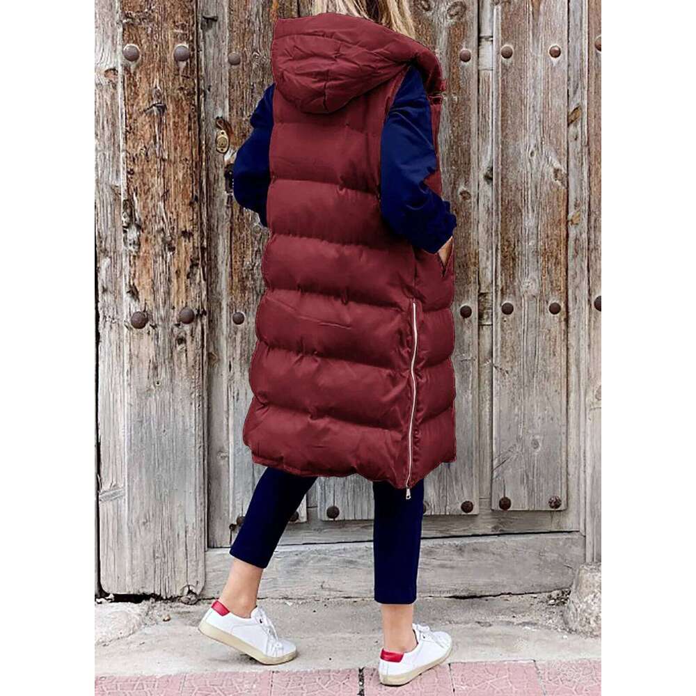 Women's Long With Hood Autumn Winter Sleeveless Warm Cotton Coat Waistcoat Quilted Vest Down Jacket Outwear 5Xl