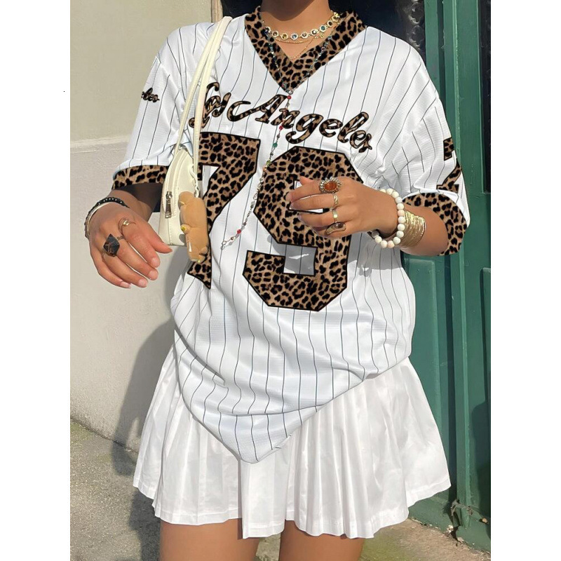 2025 Sports Style Trendy American Jersey Loose Street V-neck Striped Short Sleeve T-shirt Top 250407