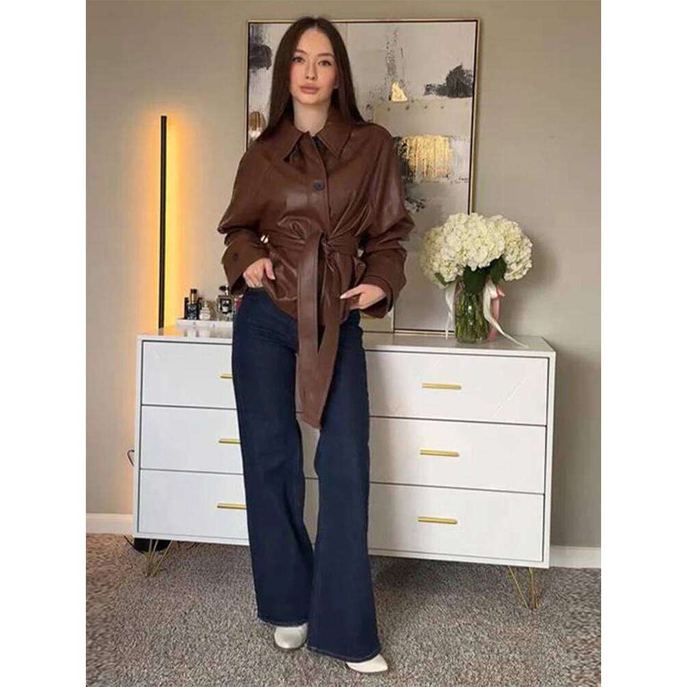 Street Brown Pu Leather Short Jacket Women Wind Loose Lapel Single Breasted Jackets Sashes Female Chic Versatile Coat