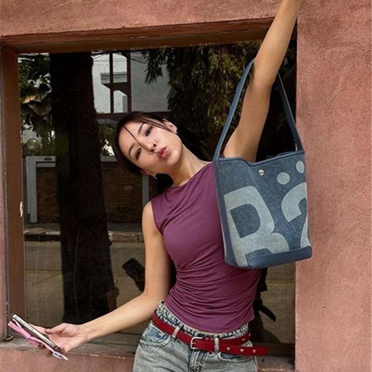 Thailand Large Capacity Bucket 2024 New Trendy Letter Washed Denim Flyknit Shoulder Bag