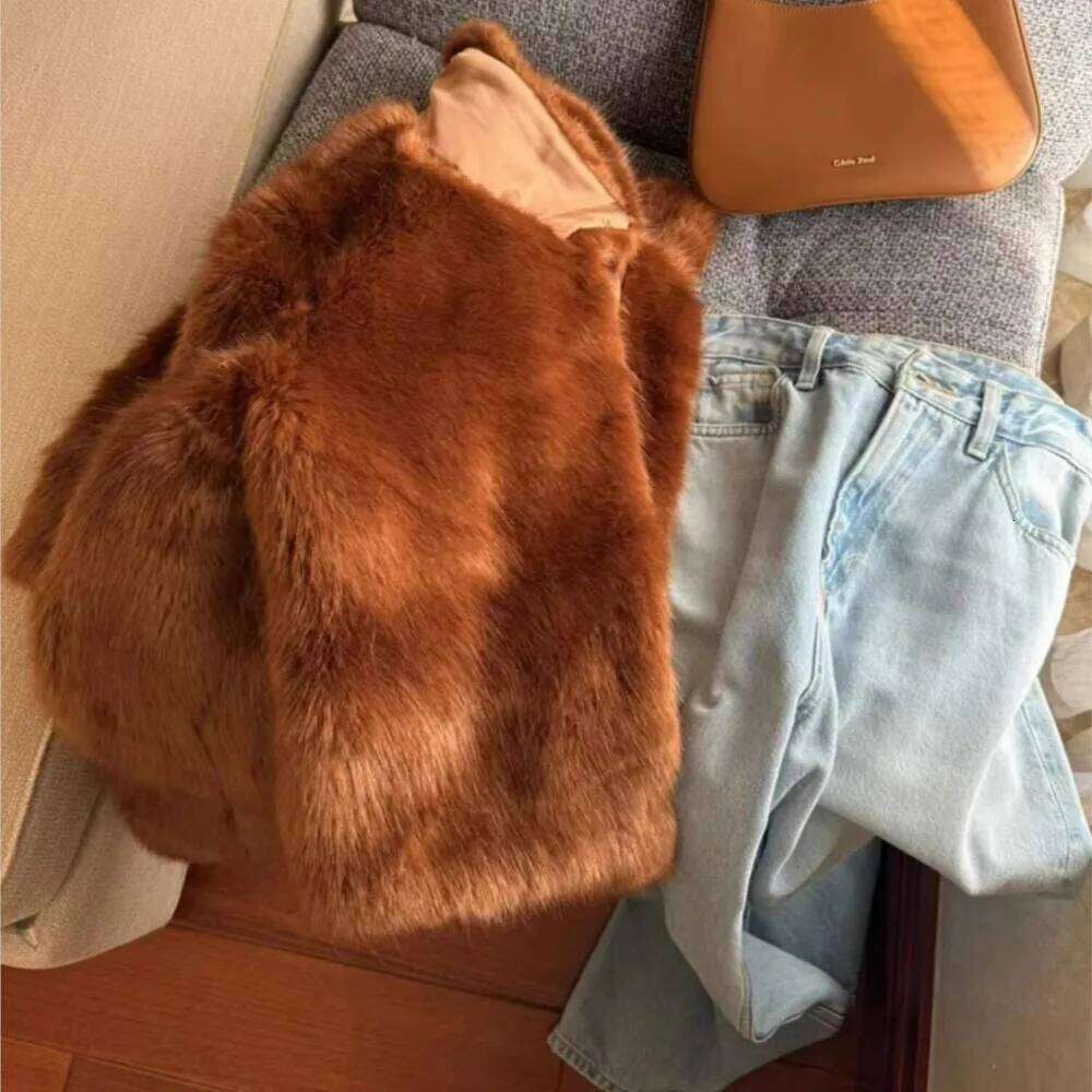 Winter Brownorange Turn down Collar Lapel Hairy Shaggy Faux Fur Coat Women Covered Buttons Full Sleeve Furry Short Outerwear