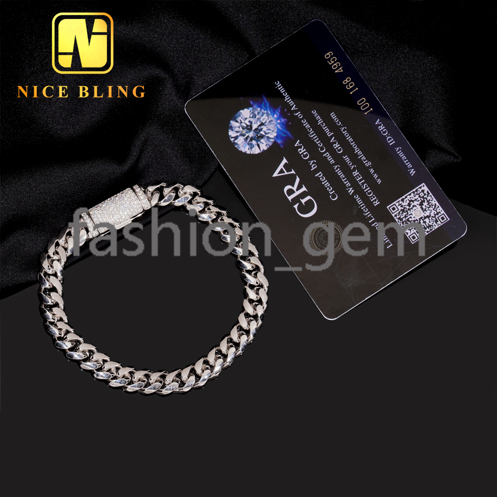 Moissanite Clasp Pain Miami Cuban Links 8MM Iced Out Diamond Lock 925 Silver Cuban Chain Necklace Bracelet
