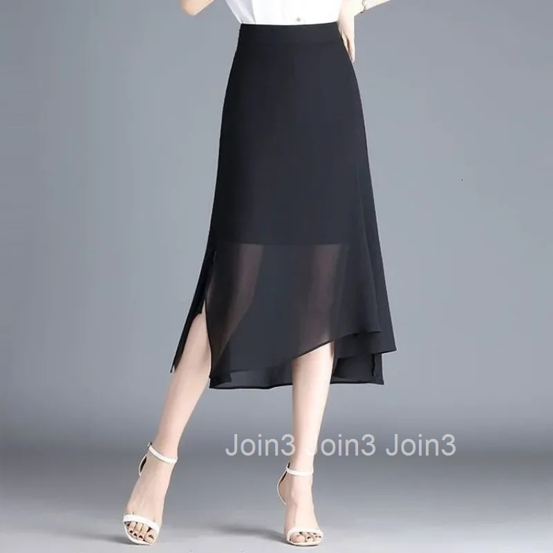 With Slit Woman Skirt Chiffon Midi High Waist Black New in Clothing Trend 2025 Quality Stylish Harajuku Summer Skirts for Women