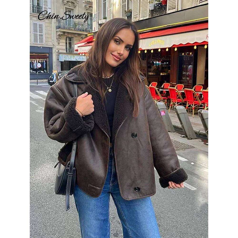 Vintage Women's Leather Loose Thick Warm Lapel Single Breasted Long Sleeve Fleece Jacket 2024 Fall Winter Street Outwear