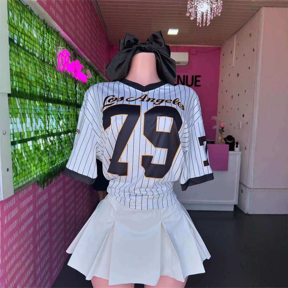 New Casual Fashion Loose Street Print Trendy V-Neck Short Sleeve Top Sports Style Striped T-Shirt B5