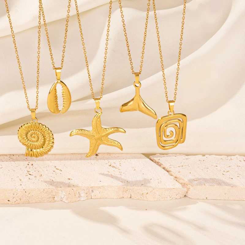 1Pc Stainless Steel Textured Starfish Conch Shell Pendant Women Necklaces Sea Animal Seahorse Shark Men Grunge Collares Jewelry W250618