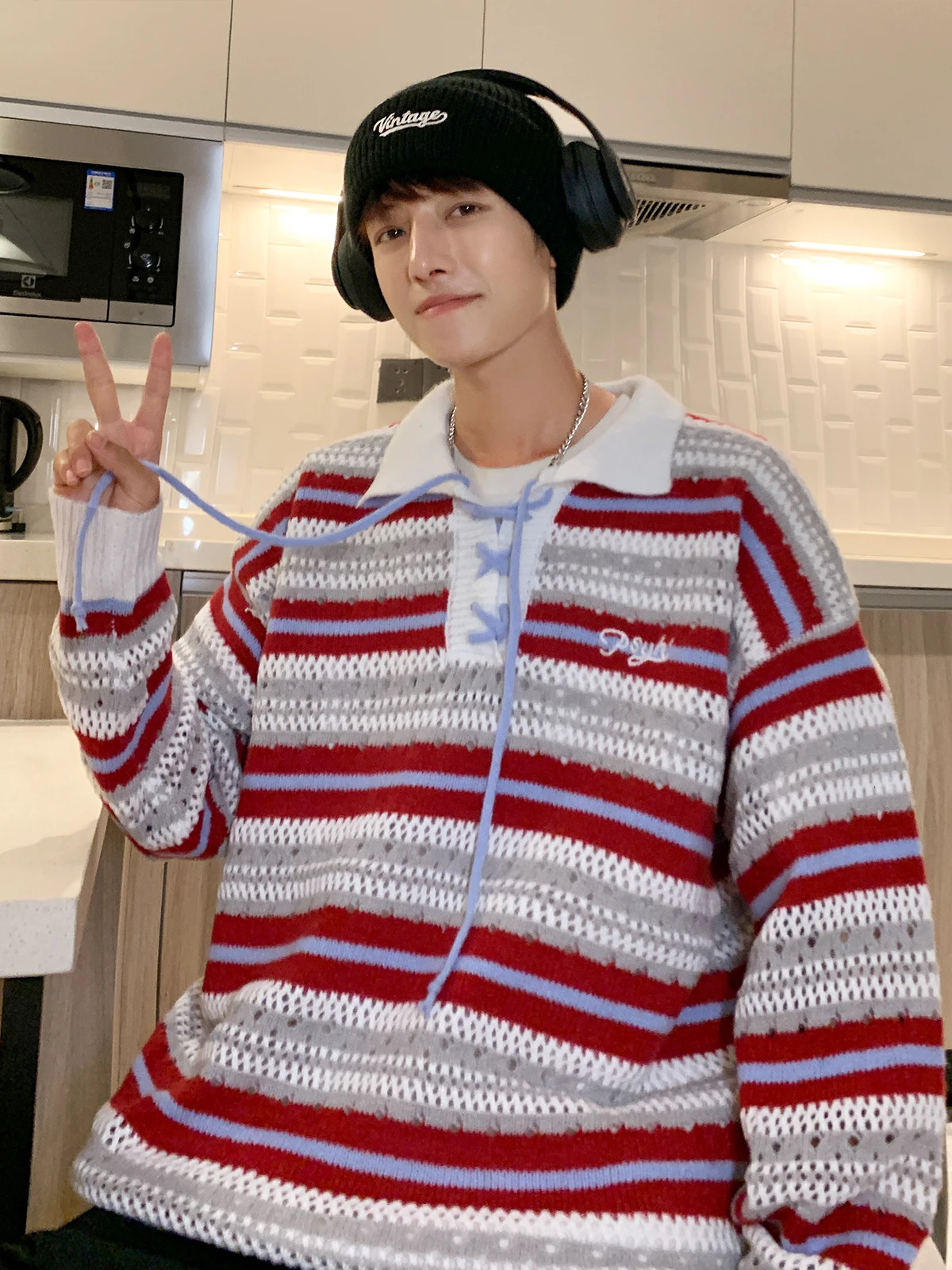 Color Blocked Polo Collar Striped Knit Sweater for Men Spring Autumn Japanese Retro Vintage Loose Fitting Couple Lazy Sweater 250618