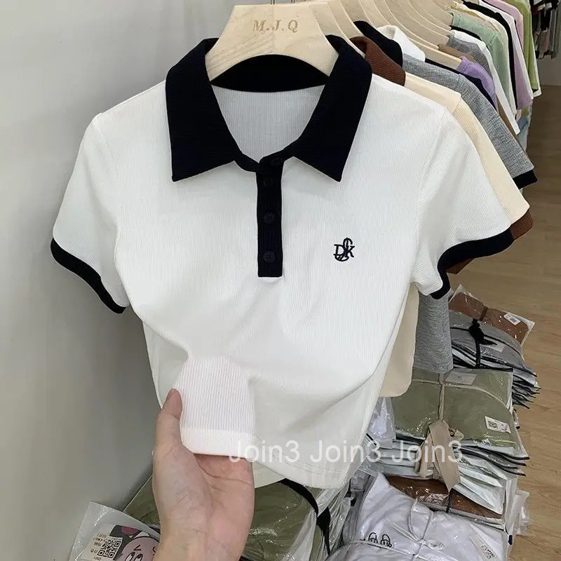 Womens T Shirts Short Sleeve Tee Clothes Plain Top Button Polo Neck Shirt with Collar Trend Luxury New Youth Summer 2025 Sale V