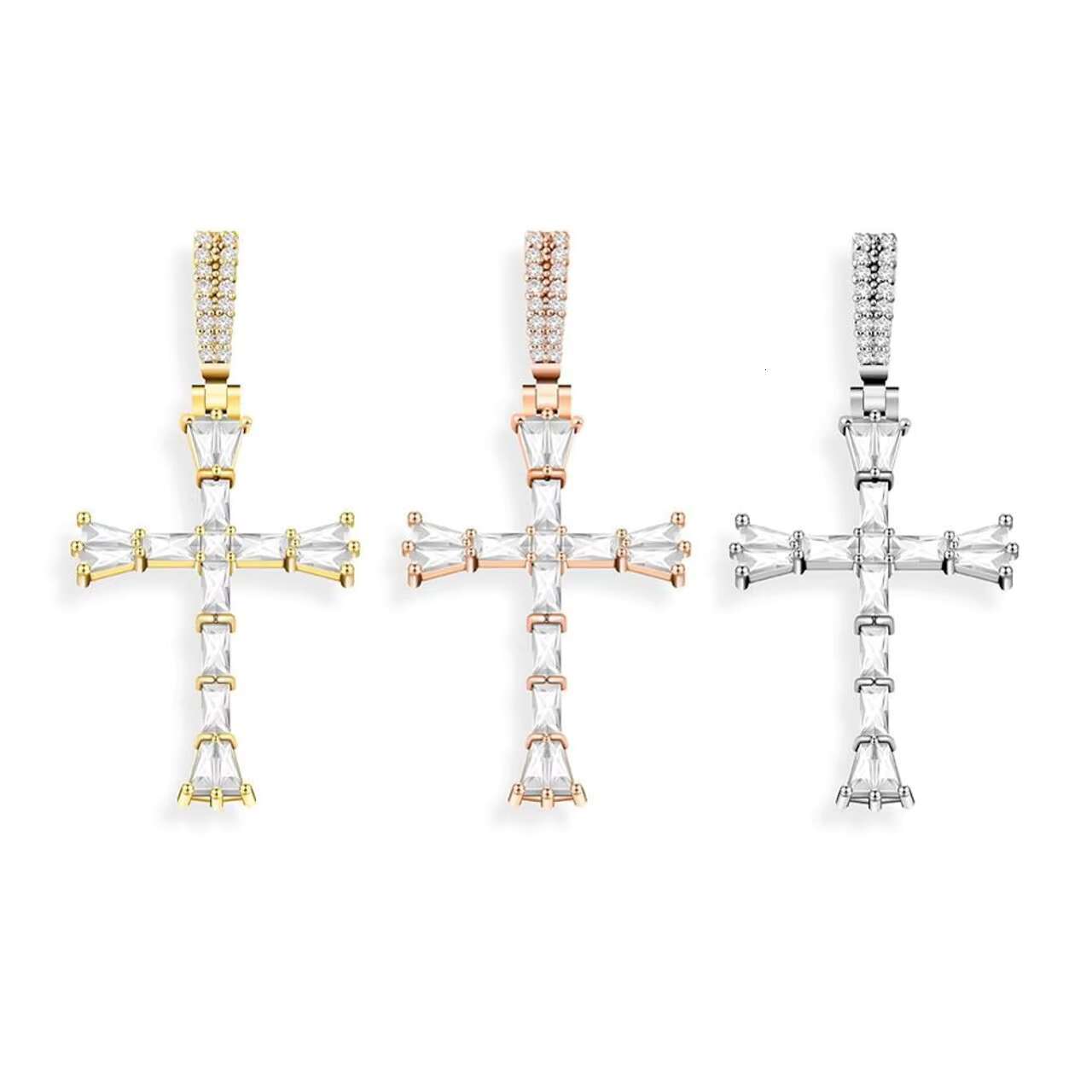 Mens 14K Silver Luxury Style Hip Hop VVS Moissanite Baguette Cross Pendant Fully Iced Blinged Christian Spiritual Jewelry