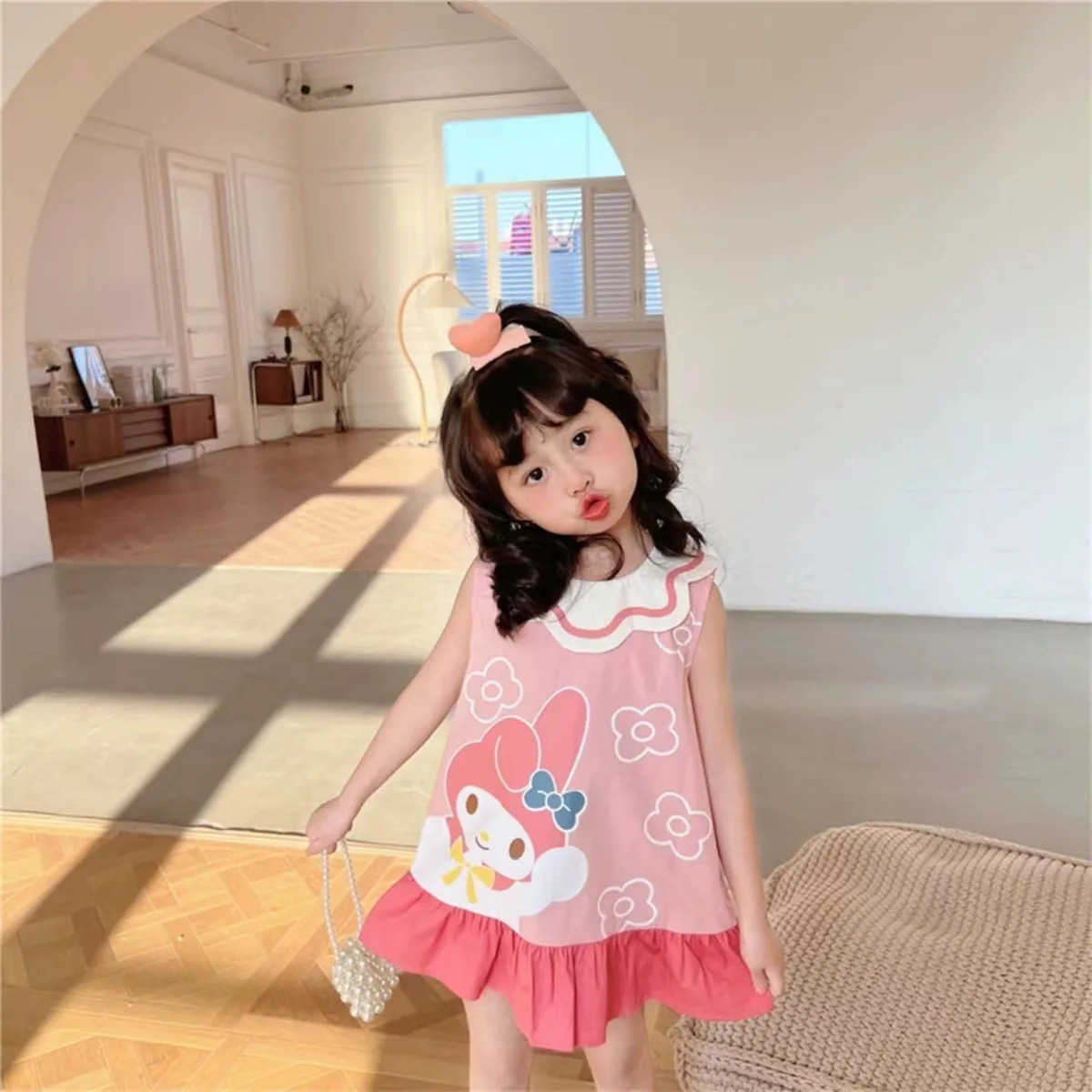 Sanrio Girls Princess Dress Children Cartoon My Melody Hello Kitty Petal Collar Dresses 2025 Summer Kids Sweet Cute Vest Skirt ClothesXJ250618
